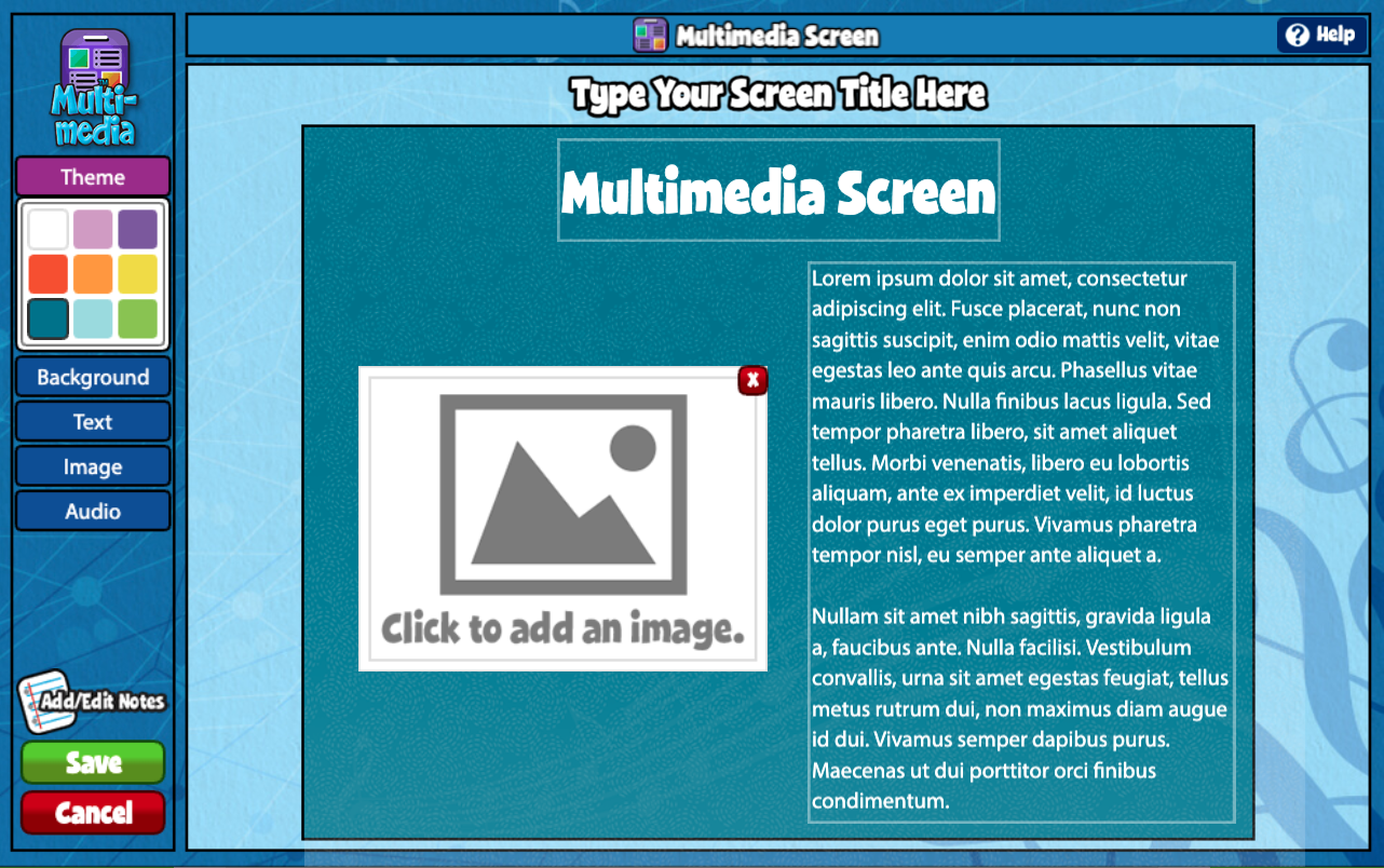 A screenshot example of the multimedia screen, as described in this section.